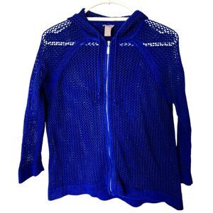 Chico's Blue Hooded Full Zip 3/4 Quarter Sleeve Open Crochet Sweater. Sz. 12/L